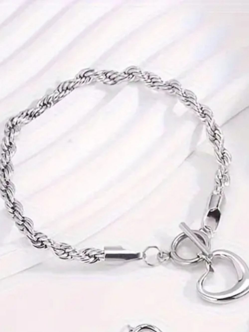 Silver Rope Chain Bracelet with Heart Toggle Charm-NIB